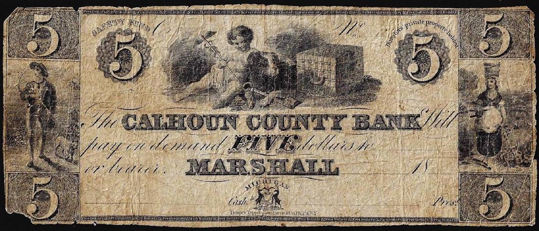 1800's $5 Calhoun County Bank Marshall, MI Obsolete: One 1800's $5 Calhoun County Bank Marshall, MI Obsolete Note.