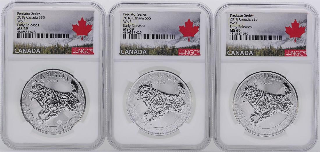Lot of (3) 2018 $5 Canada Predator Series Wolf Silver: One Lot of (3) 2018 $5 Canada Predator Series Wolf Silver Coin NGC MS69. NGC Certified.