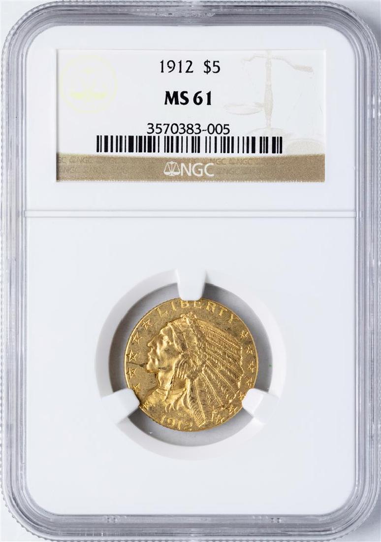 1912 $5 Indian Head Half Eagle Gold Coin NGC MS61: One 1912 $5 Indian Head Half Eagle Gold Coin NGC MS61. NGC Certified.