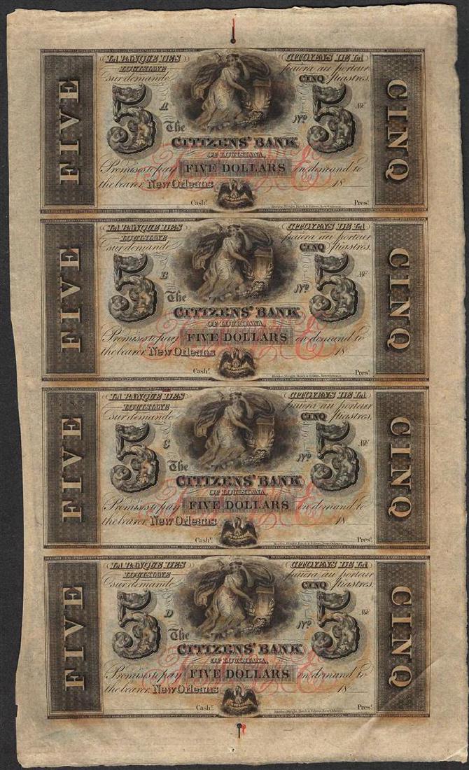 Uncut Sheet of 1800's $5 Citizens Bank of Louisiana: One Uncut Sheet of 1800's $5 Citizens Bank of Louisiana Obsolete Notes.