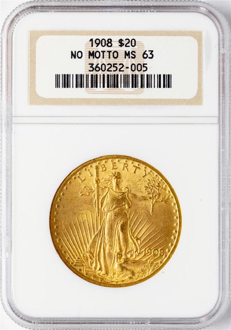 1908 NM $20 St. Gaudens Double Eagle Gold Coin NGC MS63: One 1908 NM $20 St. Gaudens Double Eagle Gold Coin NGC MS63. NGC Certified.