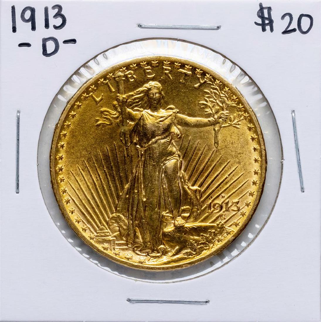 1913-D $20 St. Gaudens Double Eagle Gold Coin: One 1913-D $20 St. Gaudens Double Eagle Gold Coin.