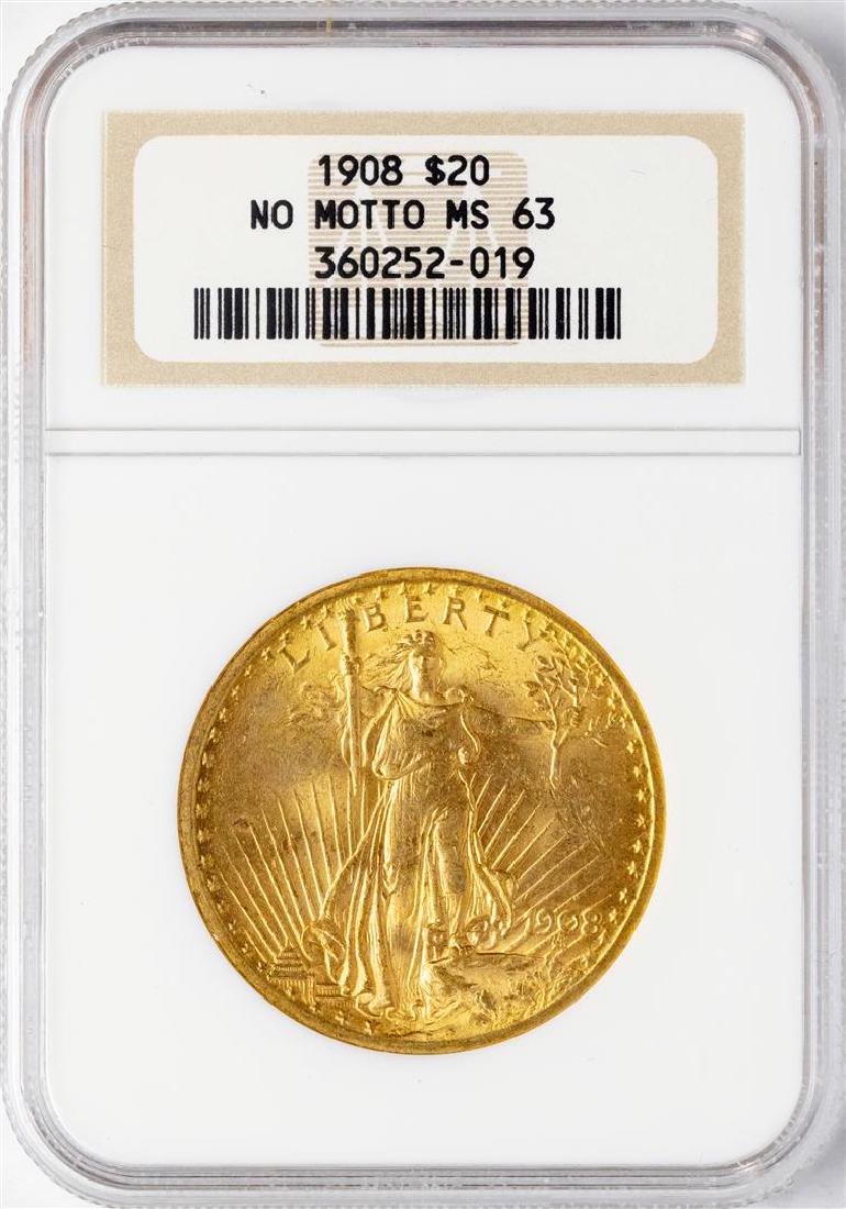 1908 NM $20 St. Gaudens Double Eagle Gold Coin NGC MS63: One 1908 NM $20 St. Gaudens Double Eagle Gold Coin NGC MS63. NGC Certified.