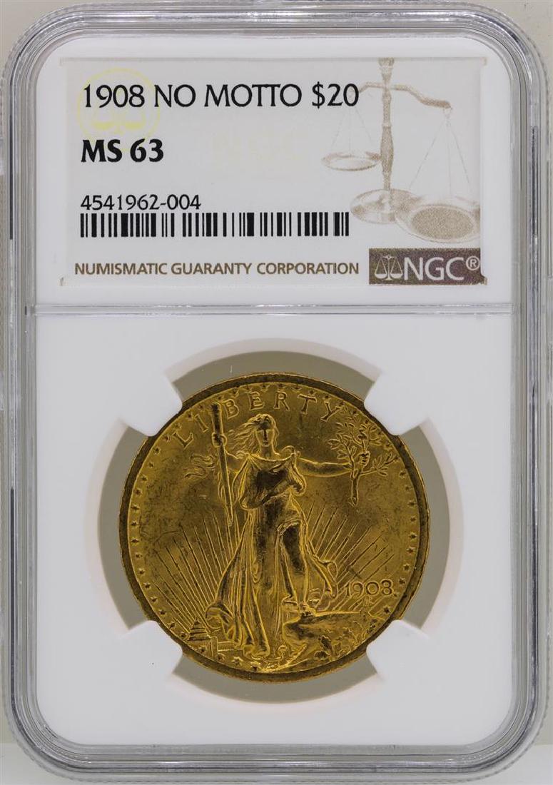 1908 No Motto $20 St. Gaudens Double Eagle Gold Coin: One 1908 No Motto $20 St. Gaudens Double Eagle Gold Coin NGC MS63. NGC Certified.
