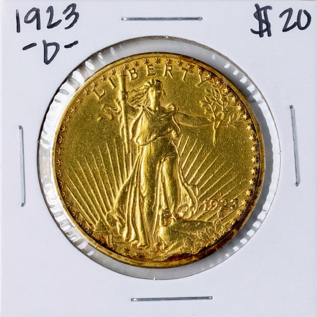 1923-D $20 St. Gaudens Double Eagle Gold Coin: One 1923-D $20 St. Gaudens Double Eagle Gold Coin.