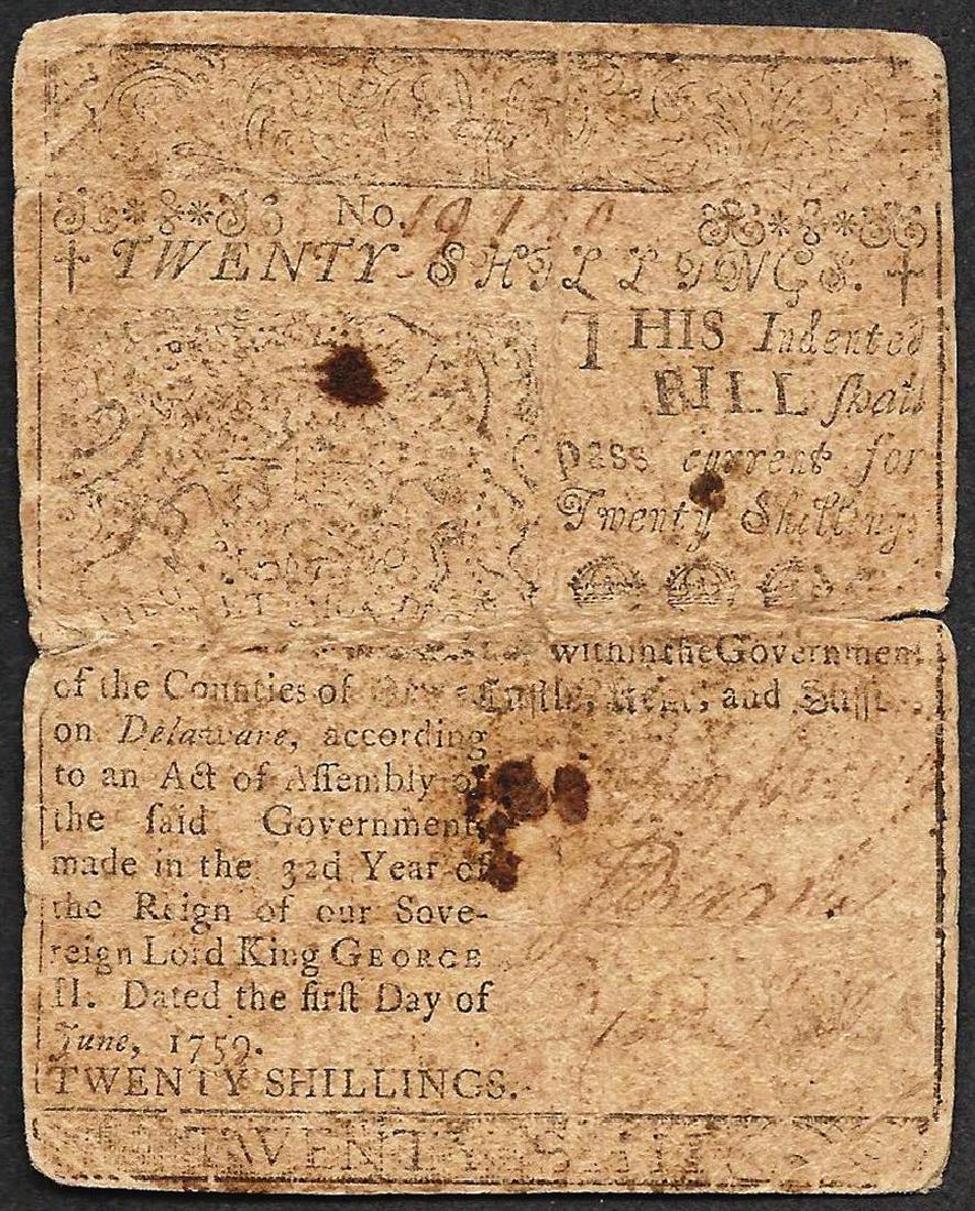 Printed by Ben Franklin June 1, 1759 Delaware Twenty: One Printed by Ben Franklin June 1, 1759 Delaware Twenty Shillings Colonial Currency Note.