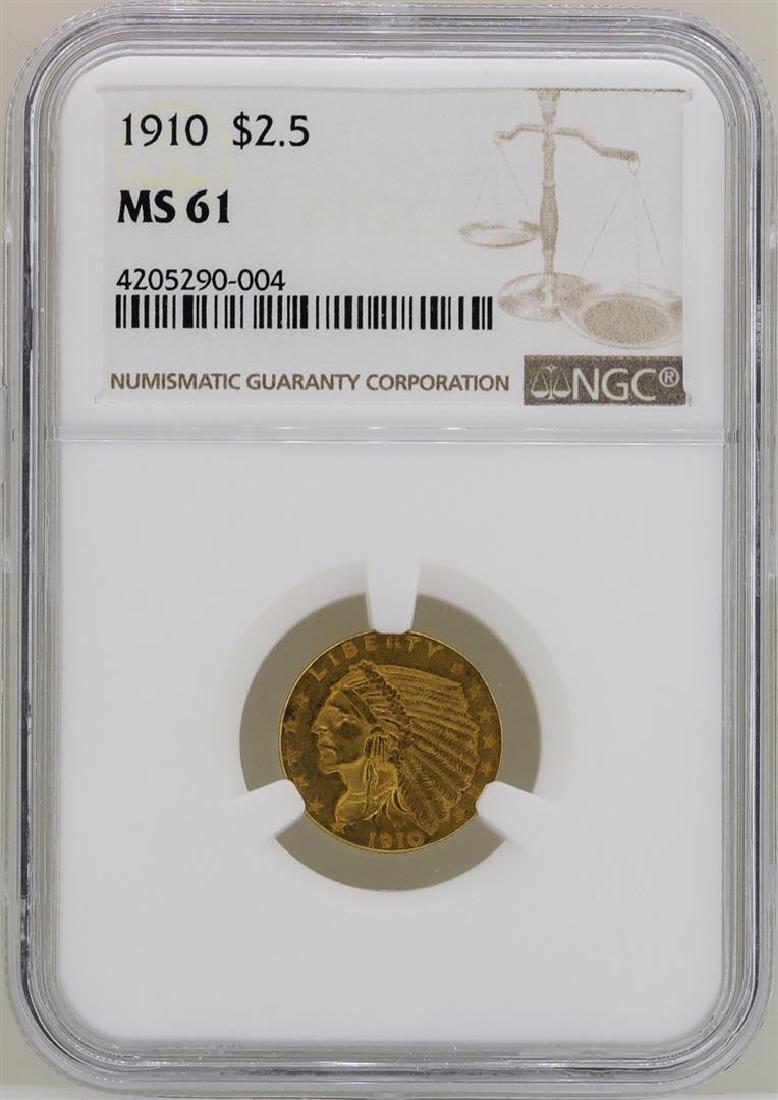 1910 $2 1/2 Indian Head Quarter Eagle Gold Coin NGC: One 1910 $2 1/2 Indian Head Quarter Eagle Gold Coin NGC MS61. NGC Certified.