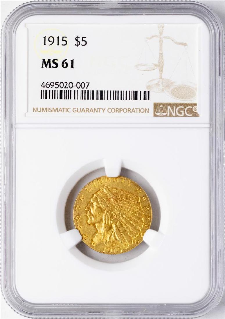 1915 $5 Indian Head Half Eagle Gold Coin NGC MS61: One 1915 $5 Indian Head Half Eagle Gold Coin NGC MS61. NGC Certified.