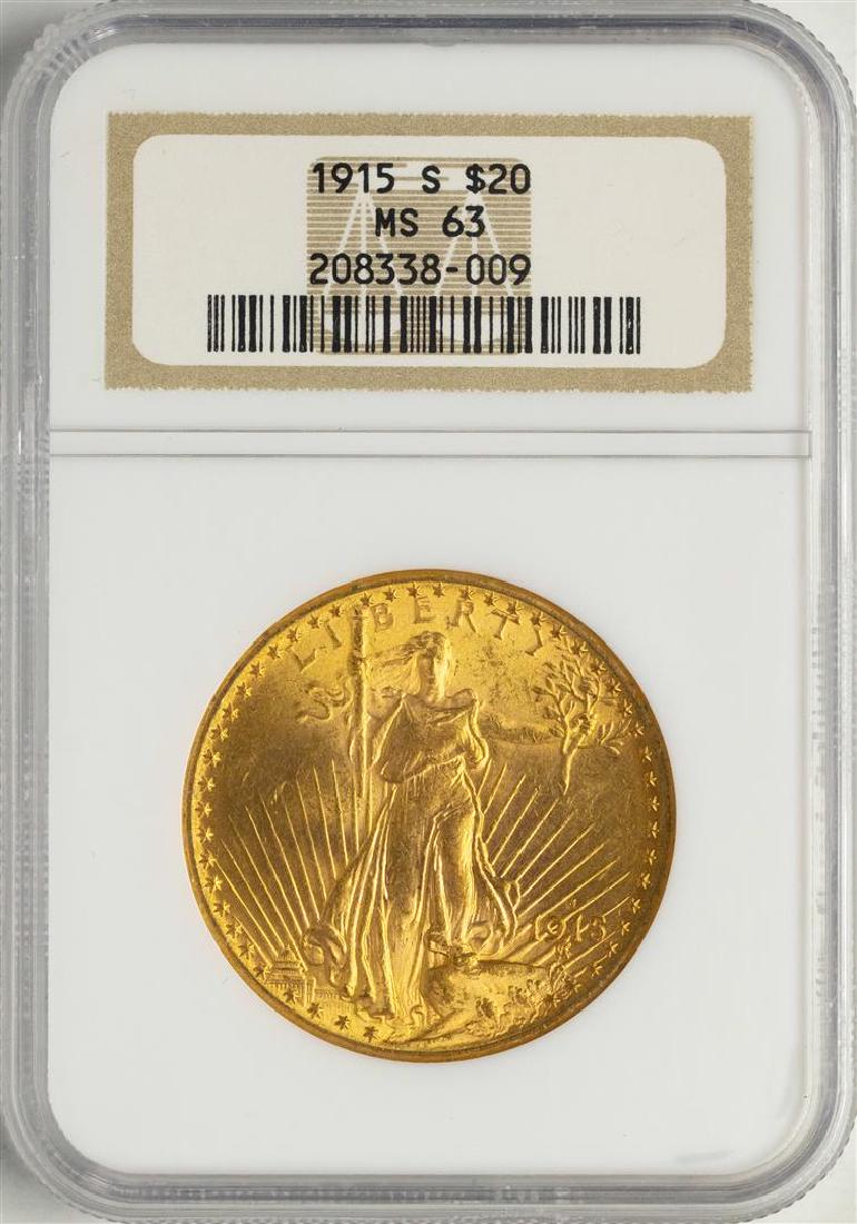 1915-S $20 St. Gaudens Double Eagle Gold Coin NGC MS63: One 1915-S $20 St. Gaudens Double Eagle Gold Coin NGC MS63. NGC Certified.