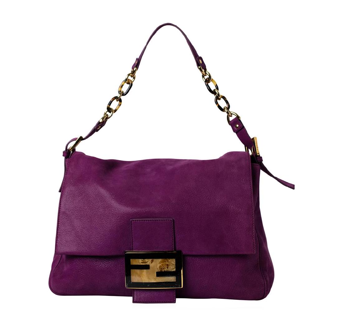Fendi Glitter Mamma Magenta Suede Shoulder Bag: Authentic Fendi Glitter Mamma Magenta Suede Shoulder Bag featuring tortoise shell and gold-tone hardware in great pre-loved condition. Exterior shows some minor signs of wear while the interior featur