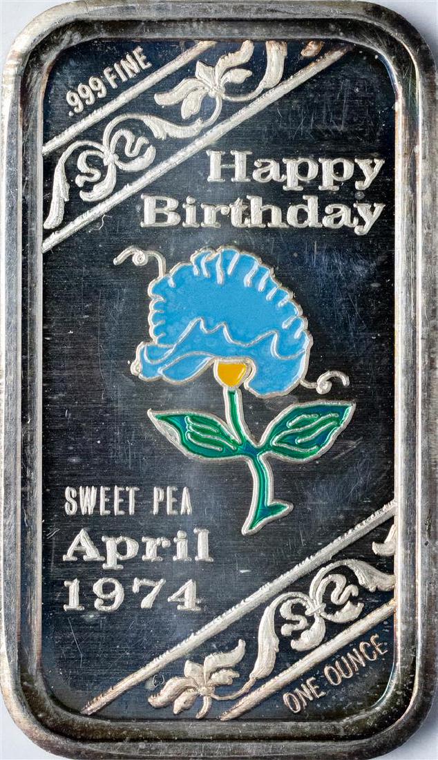 April 1974 Happy Birthday Enamel Silver Art Bar: One April 1974 Happy Birthday Enamel Silver Art Bar.