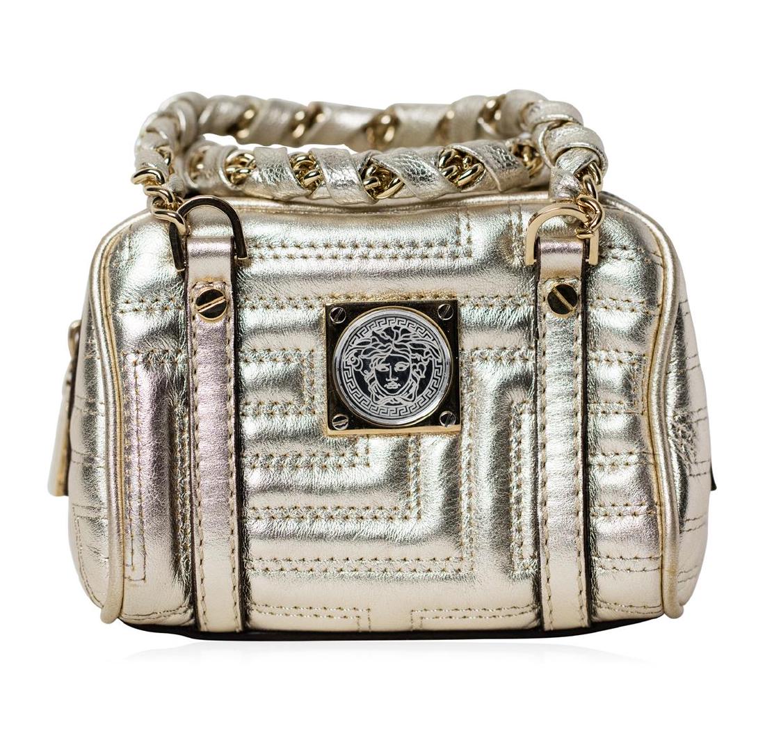 Versace Gold Quilted Leather Mini Bag: It doesn't get much cuter than this mini authentic Versace bag! It is made from supple metallic gold leather with the iconic Versace "key" quilting. It features leather and gold chain handles, Versace