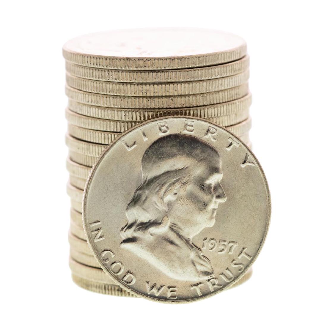 Roll of (20) Brilliant Uncirculated 1957-D Franklin: One Roll of (20) Brilliant Uncirculated 1957-D Franklin Half Dollar Coins.