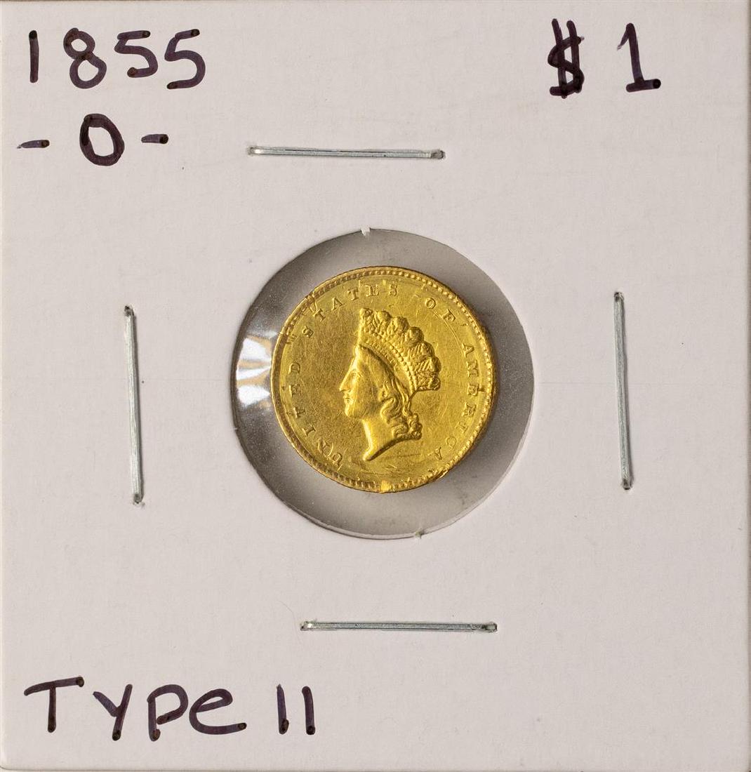 1855-O Type II $1 Indian Princess Head Gold Dollar Coin: One 1855-O Type II $1 Indian Princess Head Gold Dollar Coin.