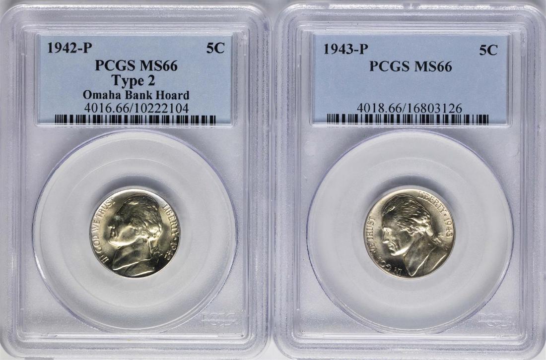 Lot of 1942-P & 1943-P Jefferson Nickel Coins PCGS MS66: One Lot of 1942-P & 1943-P Jefferson Nickel Coins PCGS MS66. PCGS Graded.