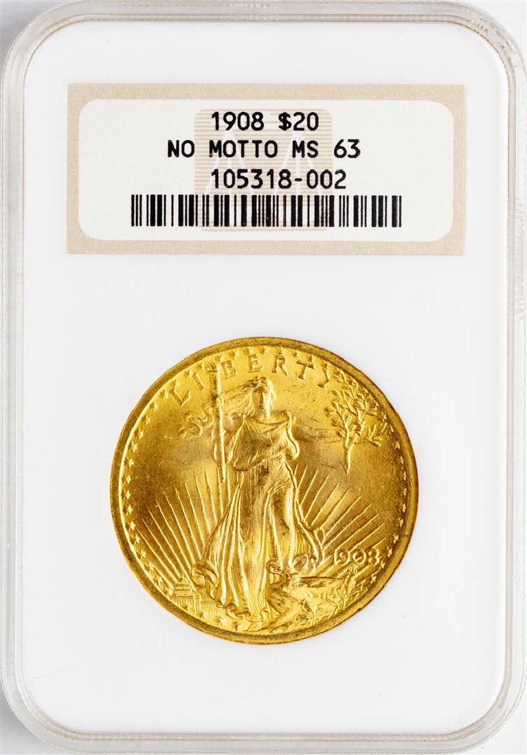 1908 NM $20 St. Gaudens Double Eagle Gold Coin NGC MS63: One 1908 NM $20 St. Gaudens Double Eagle Gold Coin NGC MS63. NGC Certified.