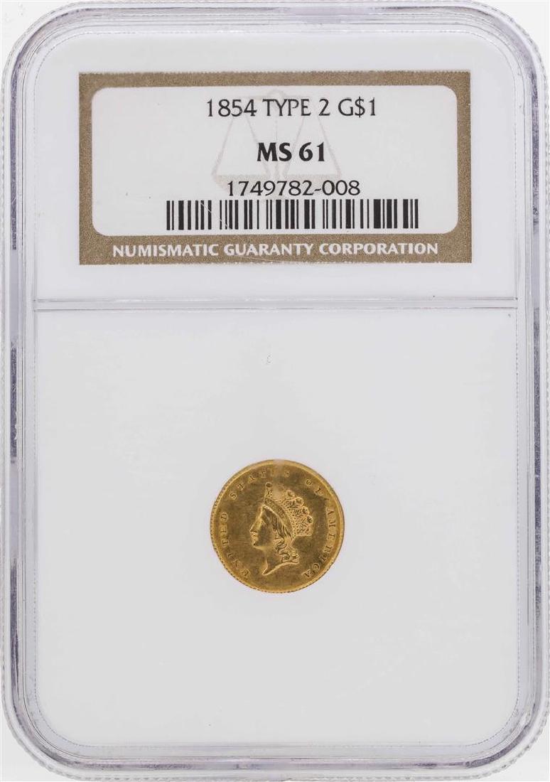 1854 $1 Indian Princess Head Gold Dollar Coin Type 2: One 1854 $1 Indian Princess Head Gold Dollar Coin Type 2 NGC MS61. NGC Certified.