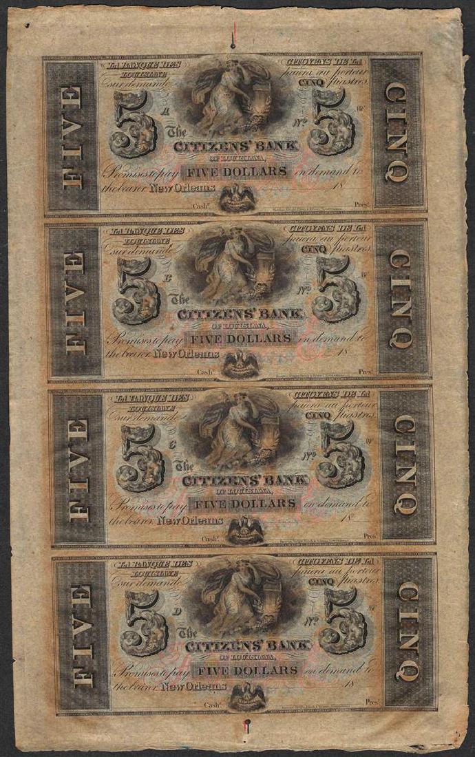 Uncut Sheet of 1800's $5 Citizens Bank of Louisiana: One Uncut Sheet of 1800's $5 Citizens Bank of Louisiana Obsolete Notes.