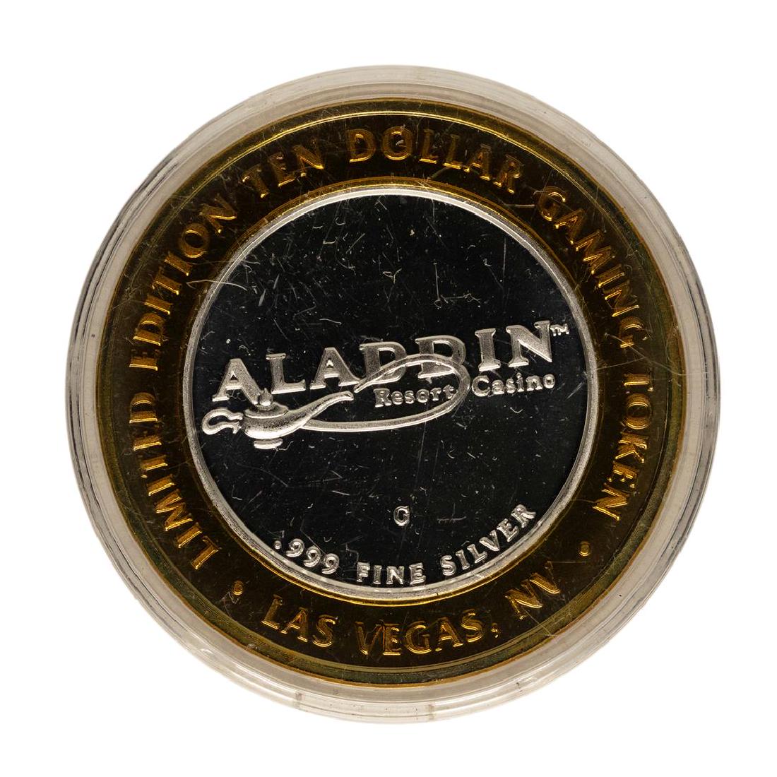 .999 Fine Silver Aladdin Casino Las Vegas, NV $10: One .999 Fine Silver Aladdin Casino Las Vegas, NV $10 Limited Edition Gaming Token.