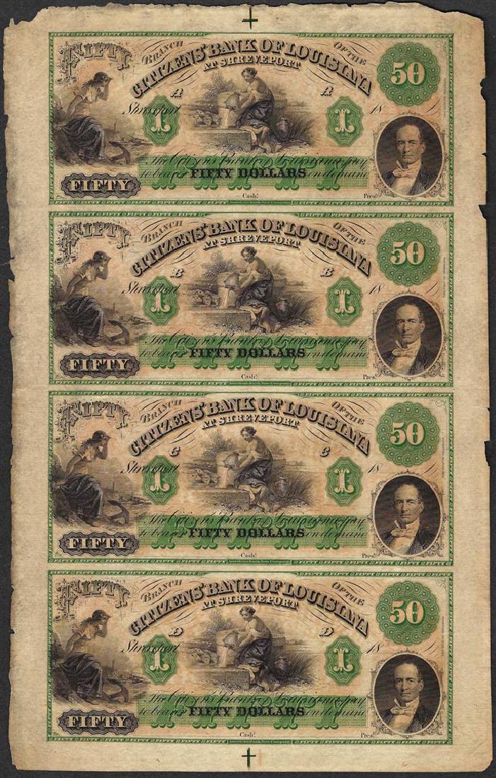 Uncut Sheet of 1800's $50 Citizens Bank of Louisiana: One Uncut Sheet of 1800's $50 Citizens Bank of Louisiana Obsolete Notes.