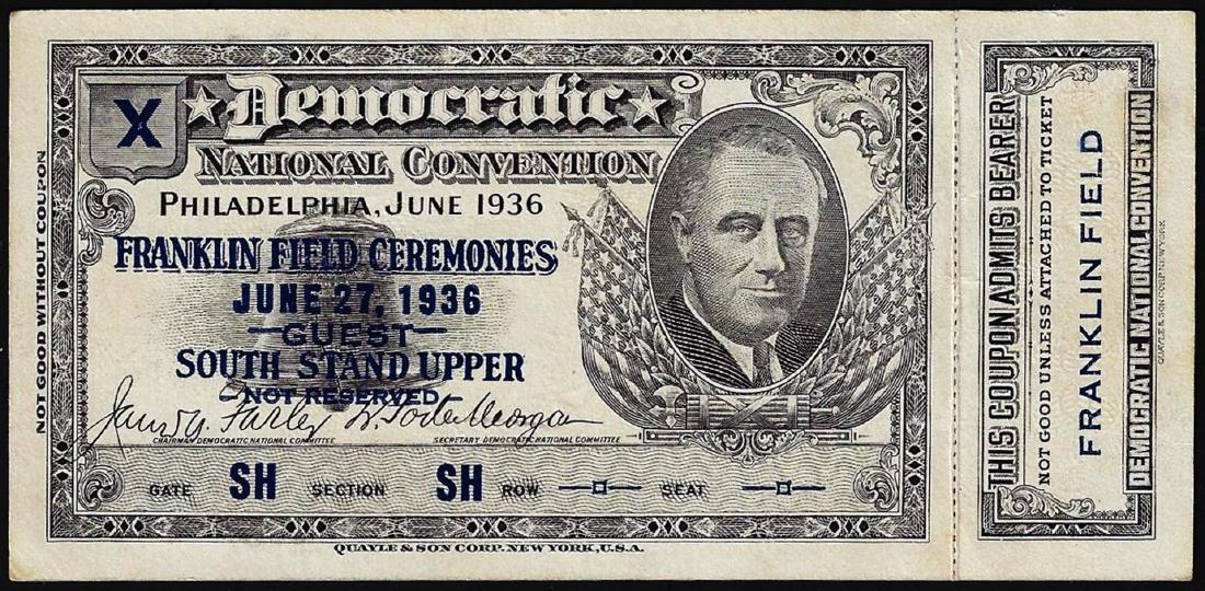 June 27, 1936 Democratic National Convention Ticket: One June 27, 1936 Democratic National Convention Ticket Franklin Field w/ Stub.