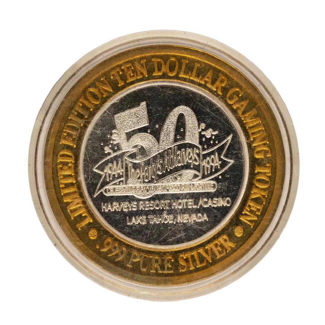 .999 Fine Silver Harveys Resort Lake Tahoe, Nevada $10: One .999 Fine Silver Harveys Resort Lake Tahoe, Nevada $10 Limited Edition Gaming Token.