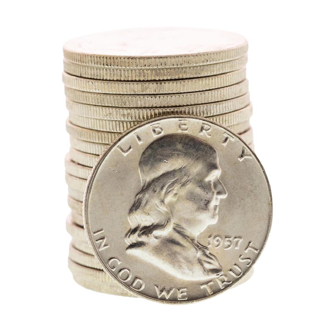 Roll of (20) Brilliant Uncirculated 1957-D Franklin: One Roll of (20) Brilliant Uncirculated 1957-D Franklin Half Dollar Coins.