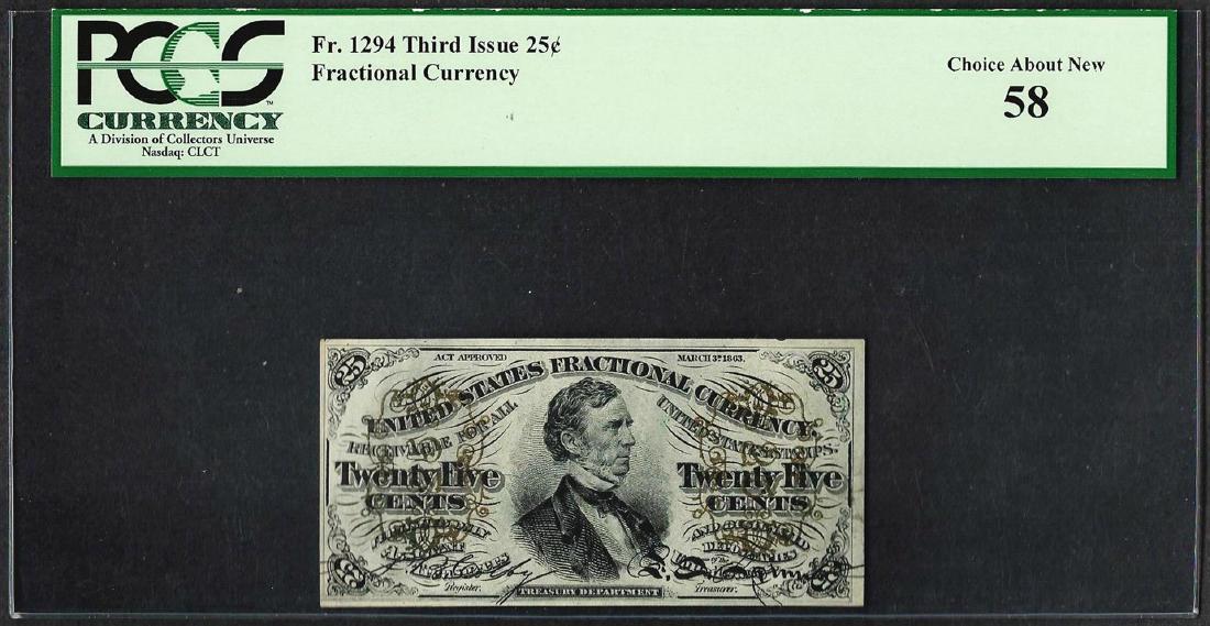 March 3, 1863 Third Issue 25 Cent Fractional Currency: One March 3, 1863 Third Issue 25 Cent Fractional Currency Note Fr.1294 PCGS Choice About New 58. PCGS Graded.