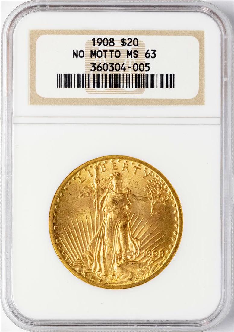 1908 NM $20 St. Gaudens Double Eagle Gold Coin NGC MS63: One 1908 NM $20 St. Gaudens Double Eagle Gold Coin NGC MS63. NGC Certified.