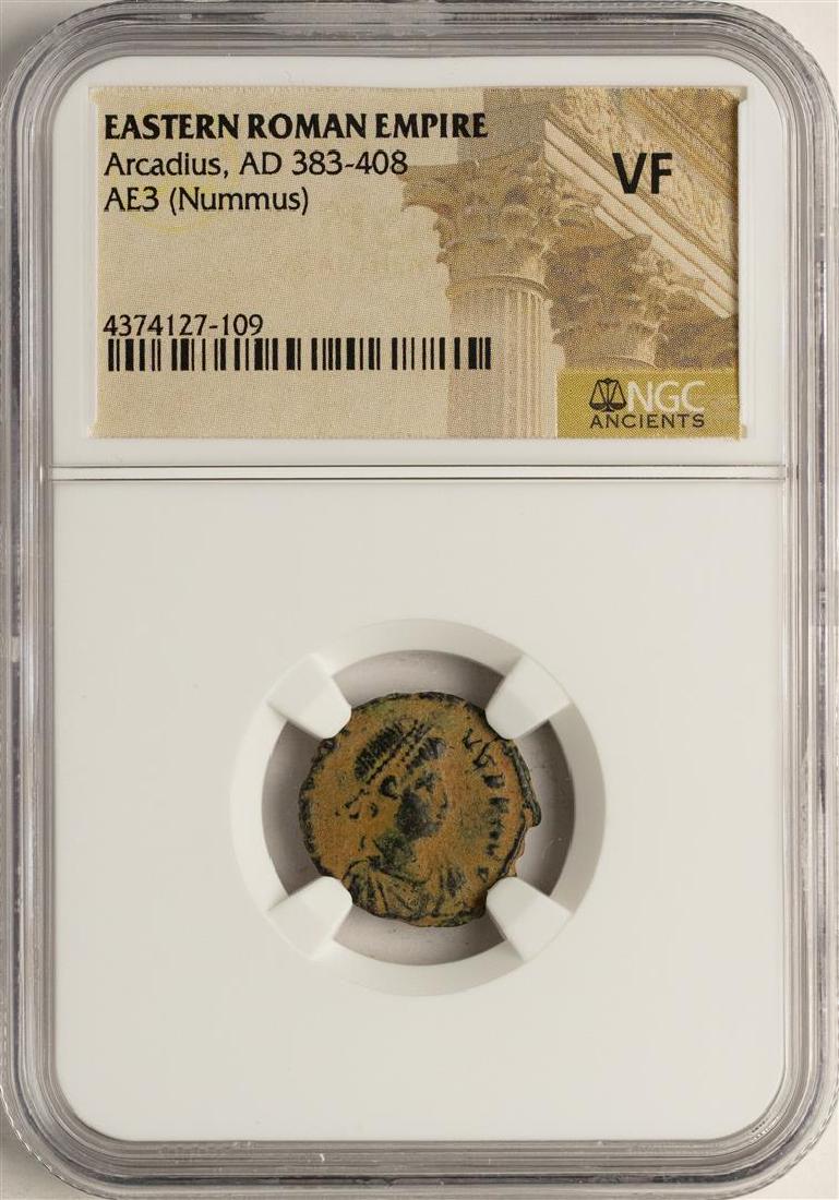 Arcadius, 383-408 AD Ancient Eastern Roman Empire Coin: One Arcadius, 383-408 AD Ancient Eastern Roman Empire Coin NGC VF. NGC Certified.