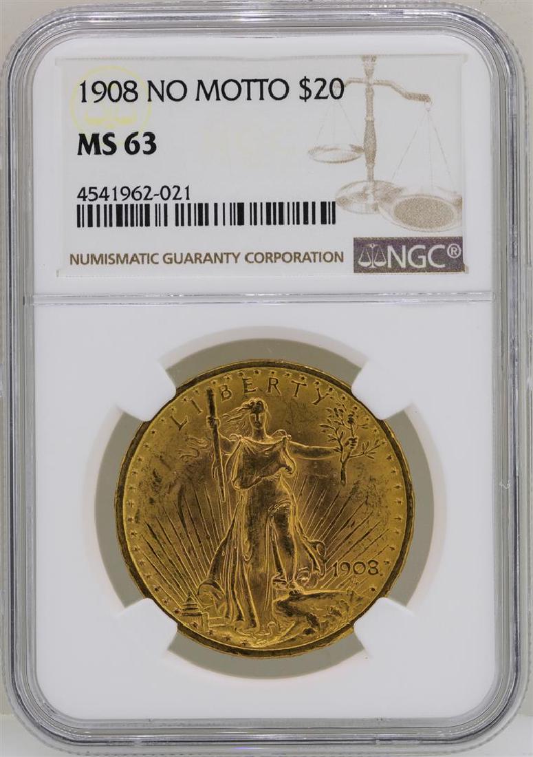1908 No Motto $20 St. Gaudens Double Eagle Gold Coin: One 1908 No Motto $20 St. Gaudens Double Eagle Gold Coin NGC MS63. NGC Certified.