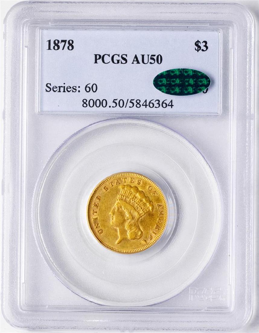 1878 $3 Indian Princess Head Gold Coin PCGS AU50 CAC: One 1878 $3 Indian Princess Head Gold Coin PCGS AU50 CAC. PCGS Graded.