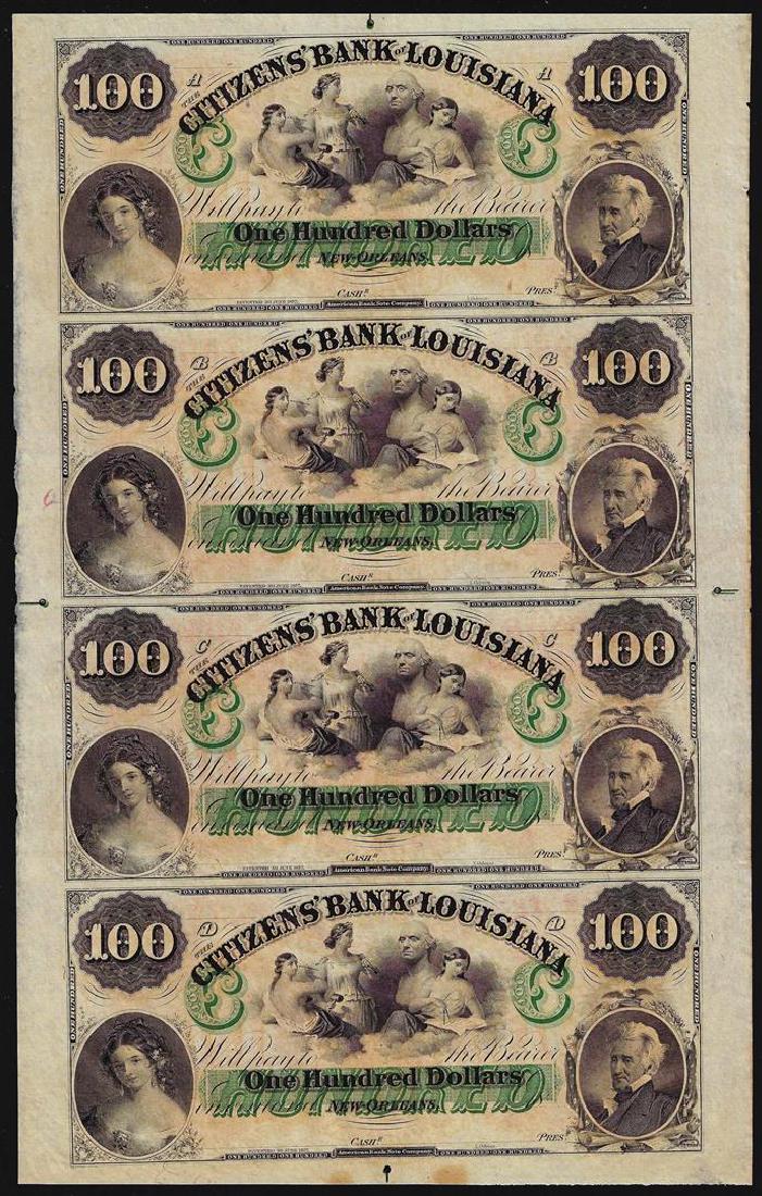 Uncut Sheet of $100 Citizens Bank of Louisiana Obsolete: One Uncut Sheet of $100 Citizens Bank of Louisiana Obsolete Notes.