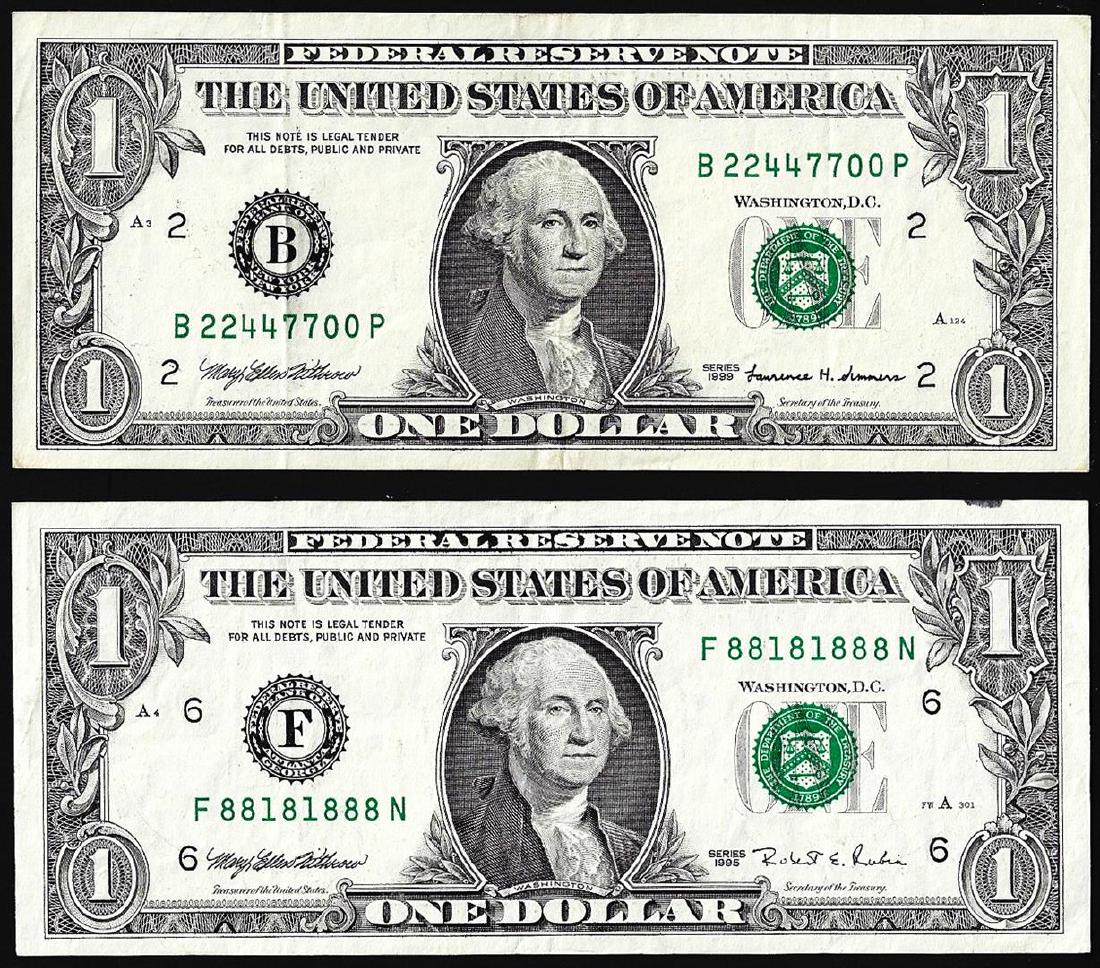 Lot of (2) $1 Federal Reserve Notes Fancy Serial: One Lot of (2) $1 Federal Reserve Notes Fancy Serial Numbers.
