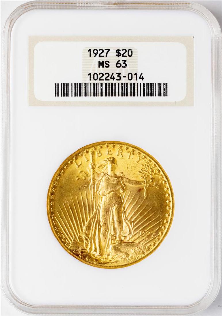 1927 $20 St. Gaudens Double Eagle Gold Coin NGC MS63: One 1927 $20 St. Gaudens Double Eagle Gold Coin NGC MS63. NGC Certified.