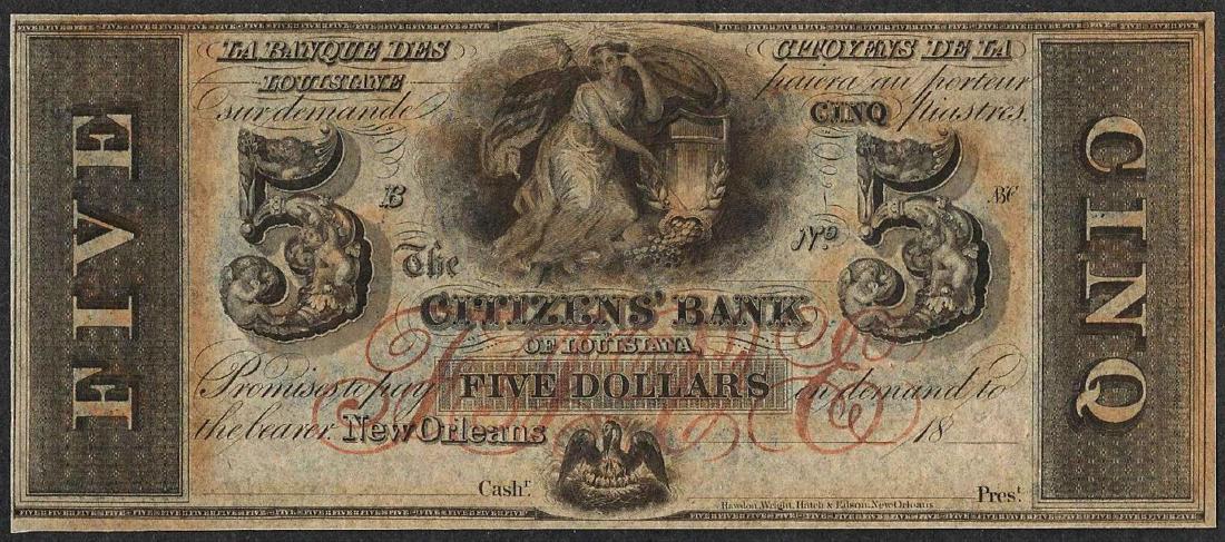 1800's $5 Citizens Bank of Louisiana Obsolete Note: One 1800's $5 Citizens Bank of Louisiana Obsolete Note.
