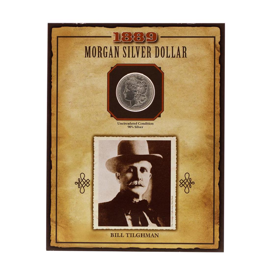 1889 $1 Morgan Silver Dollar Coin with Bill Tilghman: One 1889 $1 Morgan Silver Dollar Coin with Bill Tilghman Stamp.
