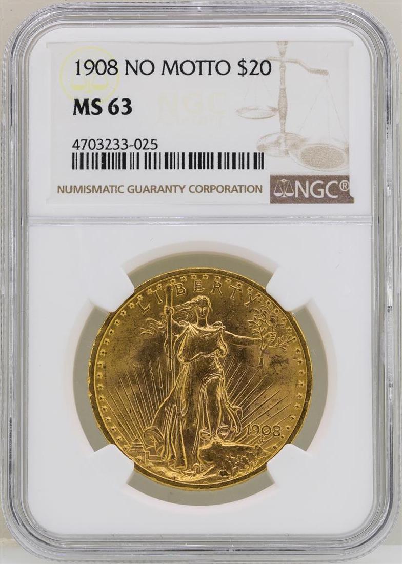 1908 $20 No Motto St. Gaudens Double Eagle Gold Coin: One 1908 $20 No Motto St. Gaudens Double Eagle Gold Coin NGC MS63. NGC Certified.