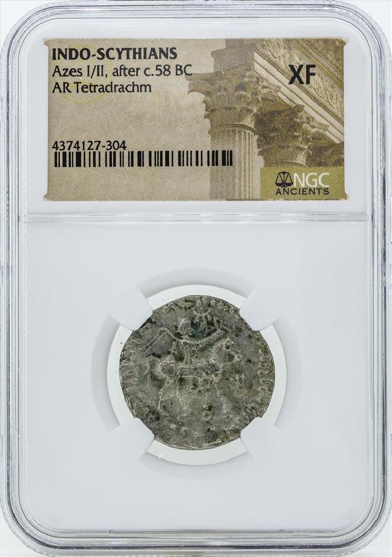 58 BC Indo Scythians Azes I/II AR Tetradrachm Coin NGC: One 58 BC Indo Scythians Azes I/II AR Tetradrachm Coin NGC XF. NGC Certified.