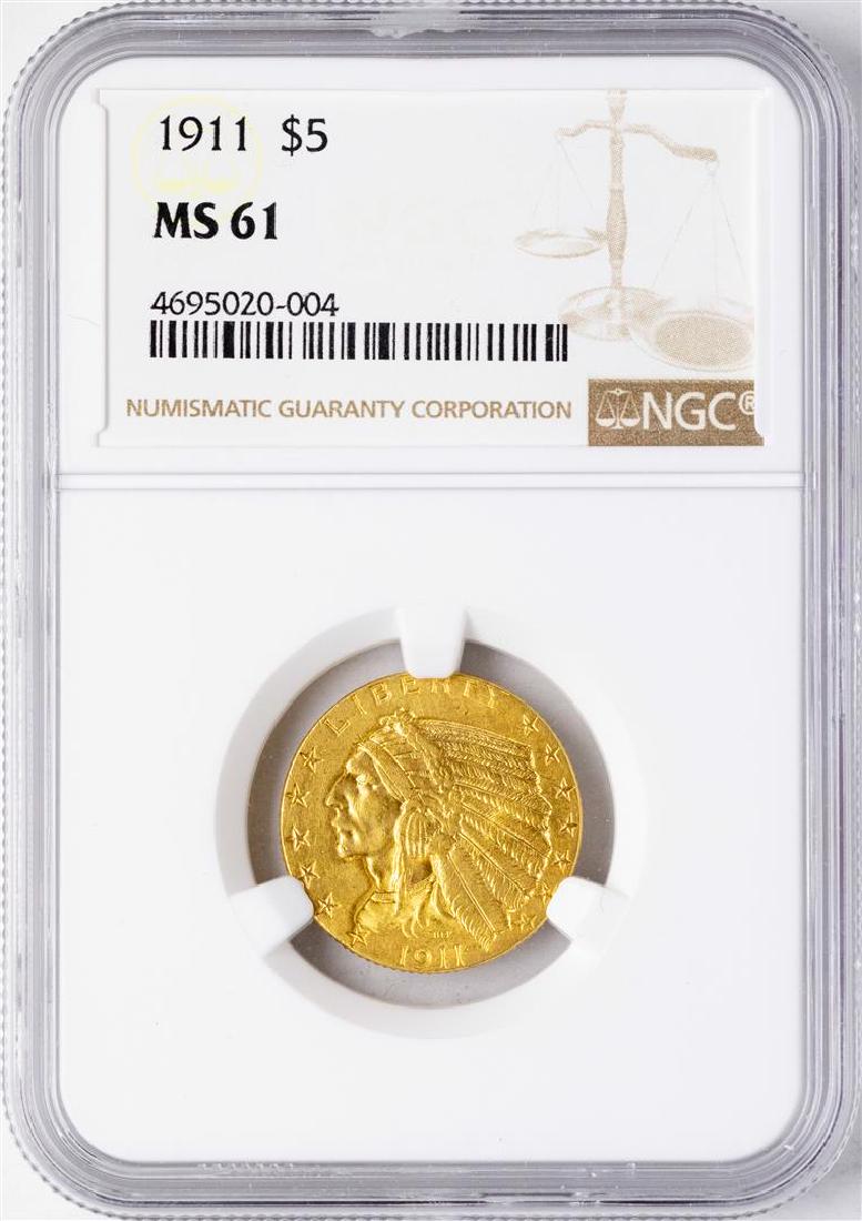 1911 $5 Indian Head Half Eagle Gold Coin NGC MS61: One 1911 $5 Indian Head Half Eagle Gold Coin NGC MS61. NGC Certified.