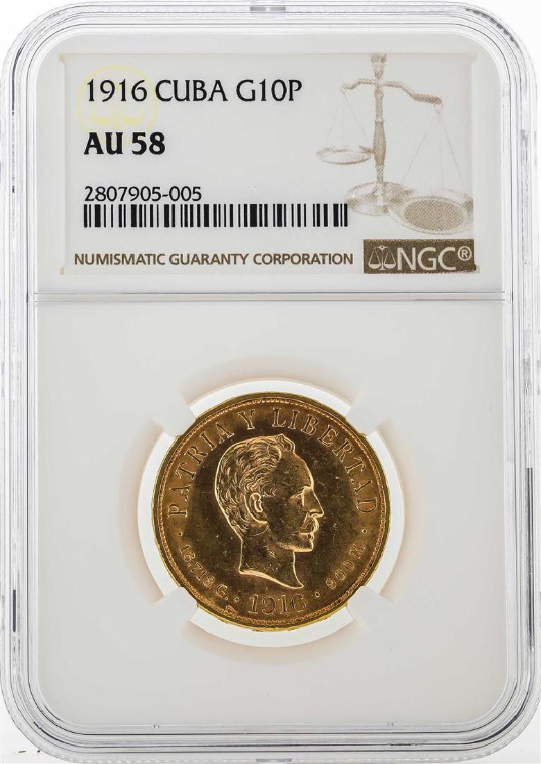 1916 Cuba 10 Pesos Gold Coin NGC AU58: One 1916 Cuba 10 Pesos Gold Coin NGC AU58. NGC Certified.