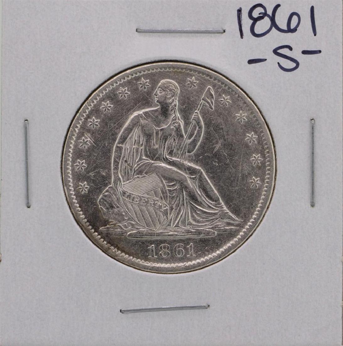 1861-S Seated Liberty Half Dollar Coin: One 1861-S Seated Liberty Half Dollar Coin.