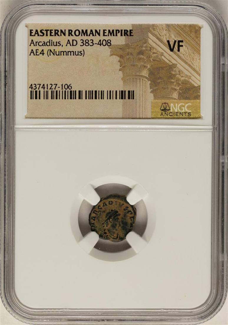 Arcadius, 383-408 AD Ancient Eastern Roman Empire Coin: One Arcadius, 383-408 AD Ancient Eastern Roman Empire Coin NGC VF. NGC Certified.