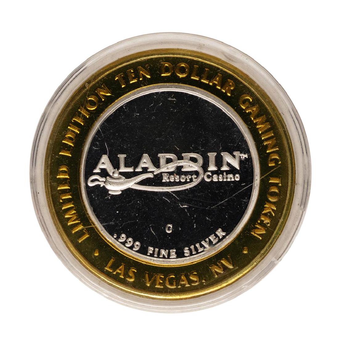 .999 Fine Silver Aladdin Resort & Casino Las Vegas $10: One .999 Fine Silver Aladdin Resort & Casino Las Vegas $10 Limited Edition Gaming Token.