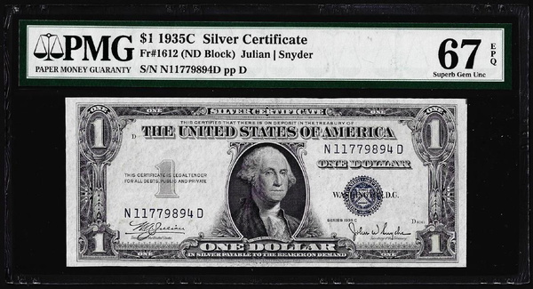 1935c $1 Silver Certificate Note Fr 1612 Pmg Superb Gem 1935c $1 Silver Certificate Note Fr 1612 Pmg Superb Gem