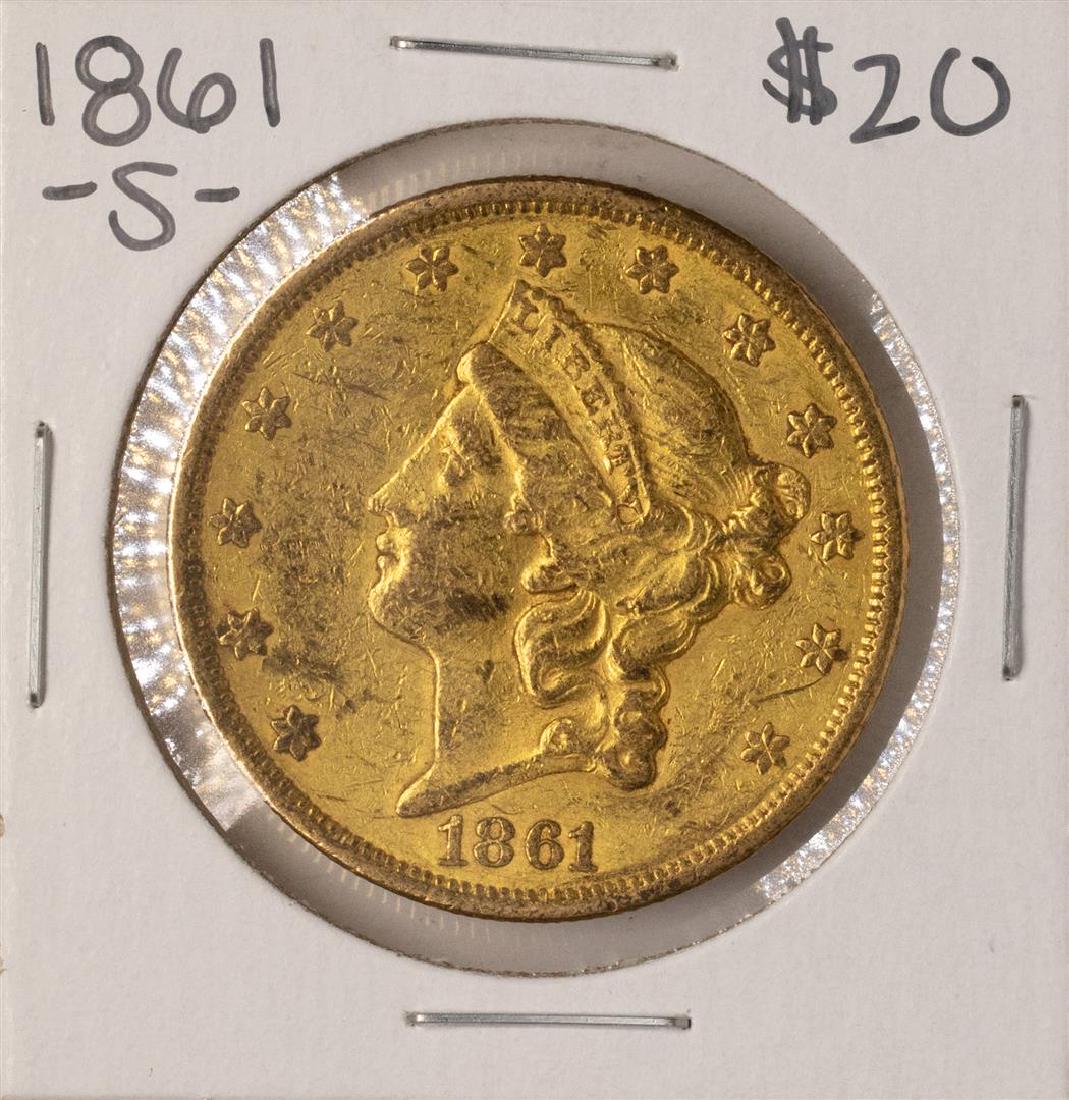1861-S $20 Liberty Head Double Eagle Gold Coin: One 1861-S $20 Liberty Head Double Eagle Gold Coin.