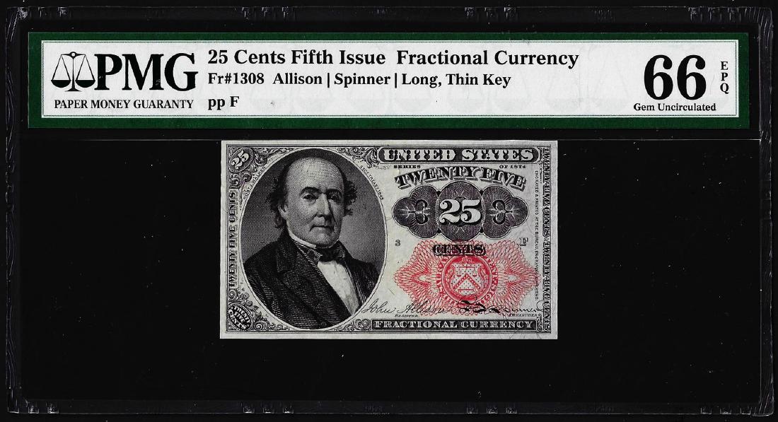 1874 25 Cents Fifth Issue Fractional Currency Note: One 1874 25 Cents Fifth Issue Fractional Currency Note Fr.1309 PMG Gem Uncirculated 66EPQ. PMG Certified.