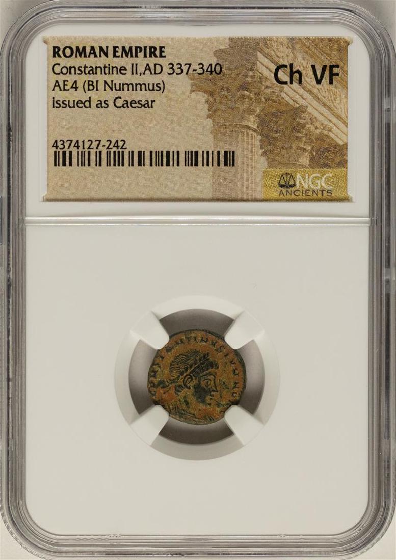 Roman Empire Constantine II AE4 Issued as Caesar NGC Ch: One Roman Empire Constantine II AE4 Issued as Caesar NGC Ch VF. NGC Certified.
