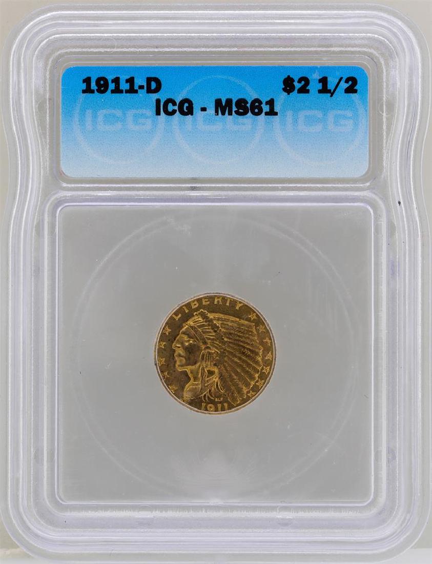 1911-D $2 1/2 Indian Head Quarter Eagle Gold Coin ICG: One 1911-D $2 1/2 Indian Head Quarter Eagle Gold Coin ICG MS61. ICG Certified.