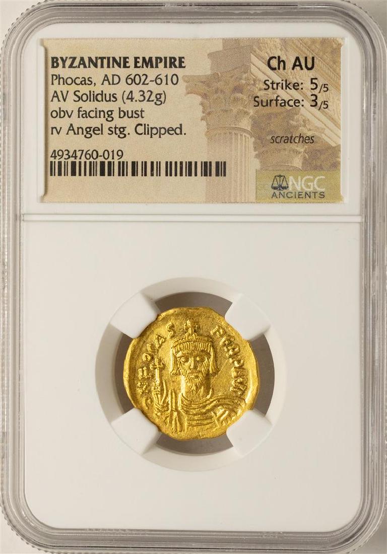 AD 602-610 Phocas Byzantine Empire Solidus Ancient Gold: One AD 602-610 Phocas Byzantine Empire Solidus Ancient Gold Coin NGC Choice AU. NGC Certified.